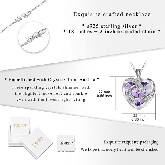 Birthstone Moon and Star Necklace Women 925 Sterling Silver Heart Crystal Gift - Picture 5 of 7